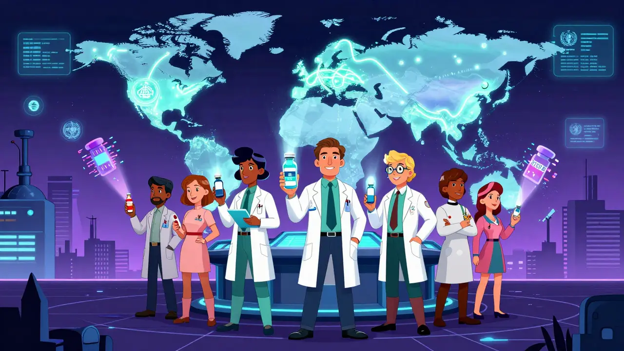 Pharmacists standing together at a control hub, emitting protective light beams against glitching counterfeit drugs on a glowing global map.