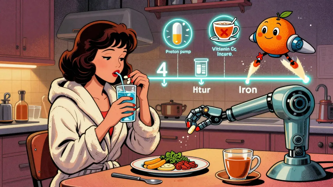 Retro-futurist kitchen scene with a woman taking thyroid meds in morning and calcium at night, shown on a neon timeline.