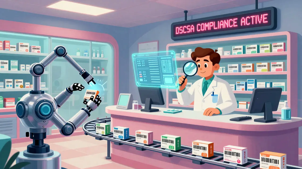 Robotic arms scanning medicine boxes with holographic blockchain trails in a neon-lit pharmacy.