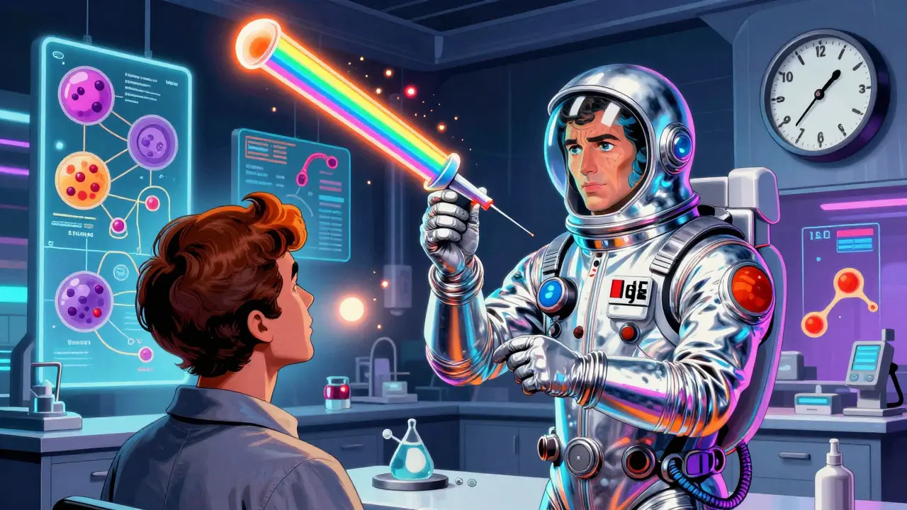 Scientist performing a skin test with a glowing needle, surrounded by animated immune cells and sci-fi medical icons.