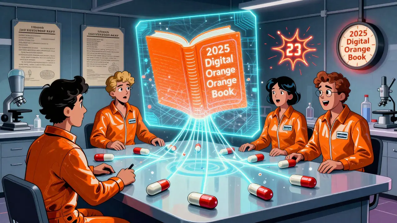 Scientists watching a spinning Orange Book hologram with bioequivalence beams connecting pills.