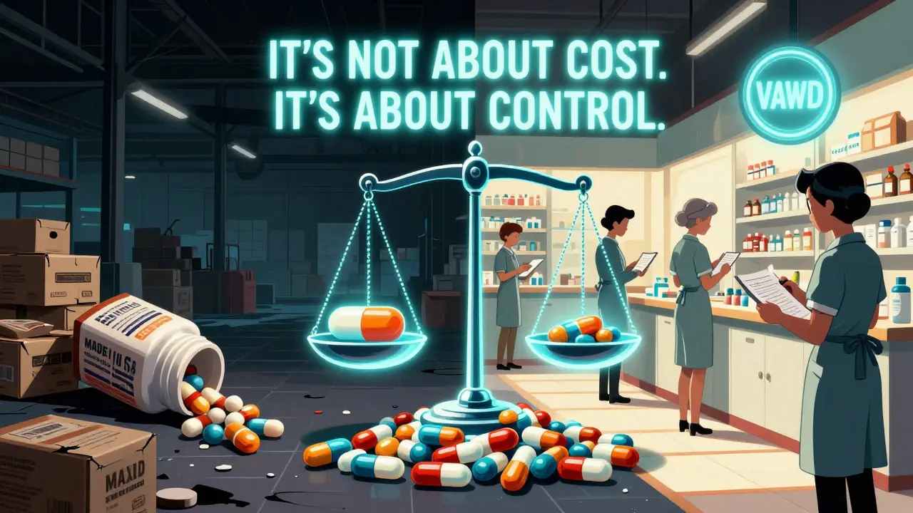 Split scene: chaotic counterfeit warehouse vs. clean compliant pharmacy with a symbolic pill scale.
