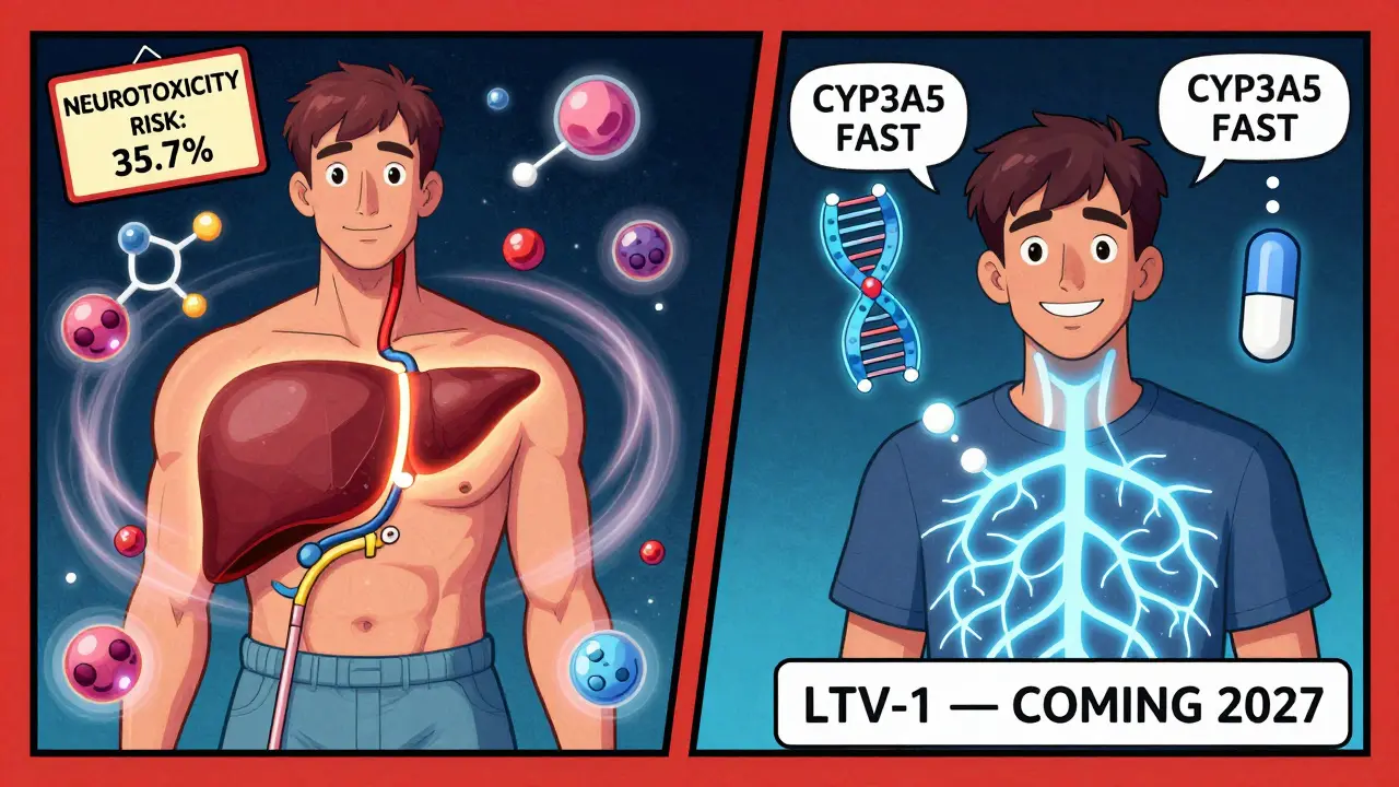 Split scene: one patient with neural warnings, another calm after treatment, with a futuristic drug capsule labeled LTV-1 floating nearby.