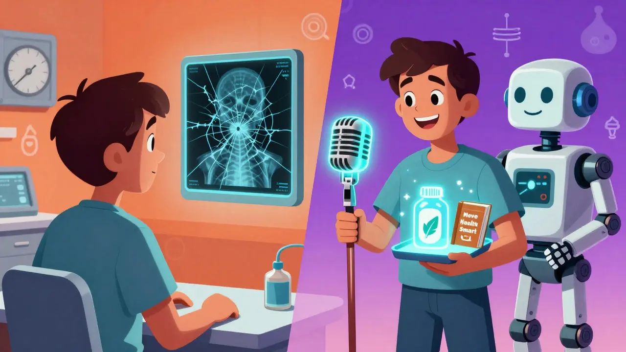 Split scene: person facing a sad X-ray hologram vs. receiving a glowing joint health kit from a friendly robot.