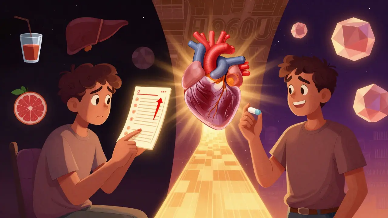 Split scene: worried patient vs. calm patient with healthy heart pathway in retro-futuristic style.