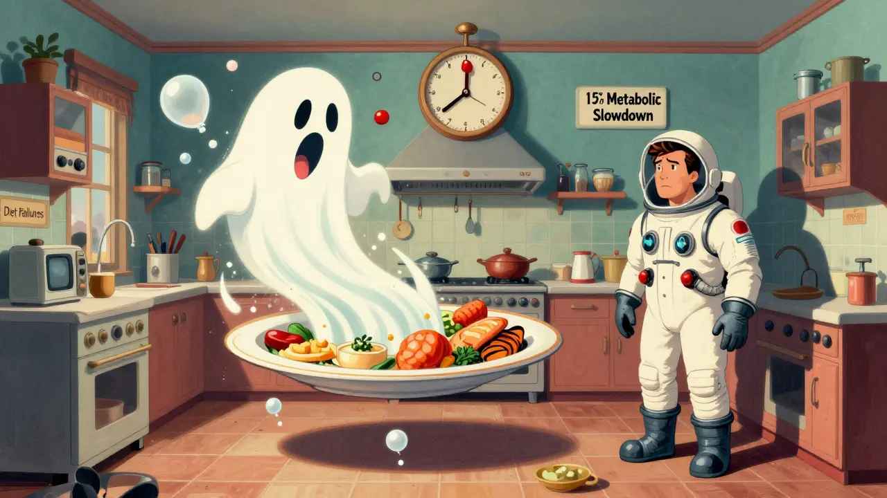 Surreal kitchen with ghrelin ghosts, deflated PP balloons, and a clock showing metabolic slowdown.