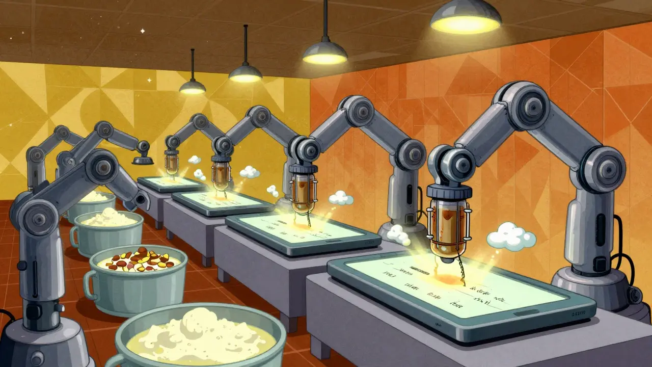 Surreal tablet assembly line with robotic arms and floating chemical clouds under FDA lights.