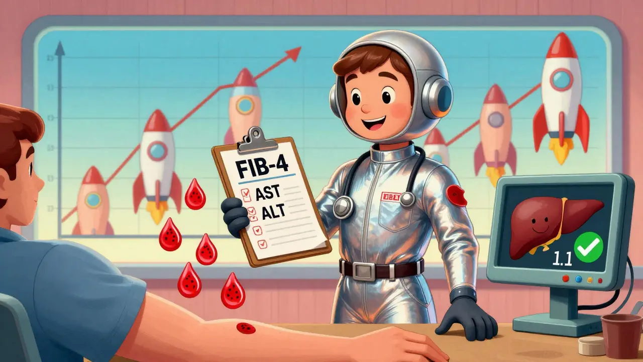 A 1970s-style doctor checks a FIB-4 score from floating blood markers, with a happy liver and retro data charts in the background.