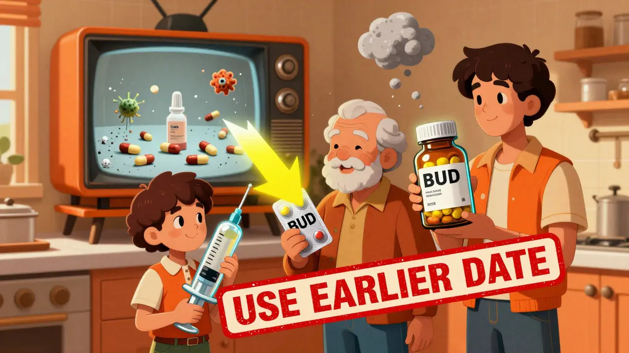 A family holds different medications with a giant arrow pointing to the earlier date, in retro-futuristic kitchen setting with floating degradation visuals.