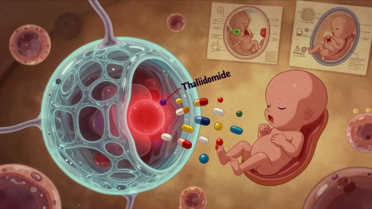 A fragile first-trimester placenta letting harmful drugs reach a developing embryo under vintage space-age schematics.