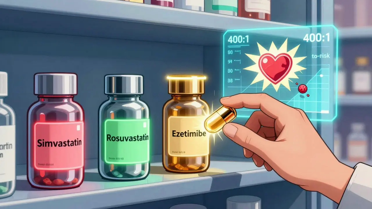 A futuristic pharmacy shelf highlights statin options with glowing labels, showing Rosuvastatin as the safest choice.