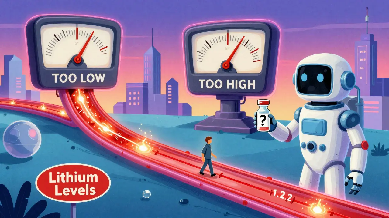 A glowing blood vessel with a walker on a narrow therapeutic range, flanked by warning gauges and a pharmacy robot in retro-futuristic design.