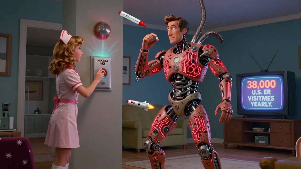 A man's body transforms into mechanical symptoms as his wife activates an emergency epinephrine system at home.