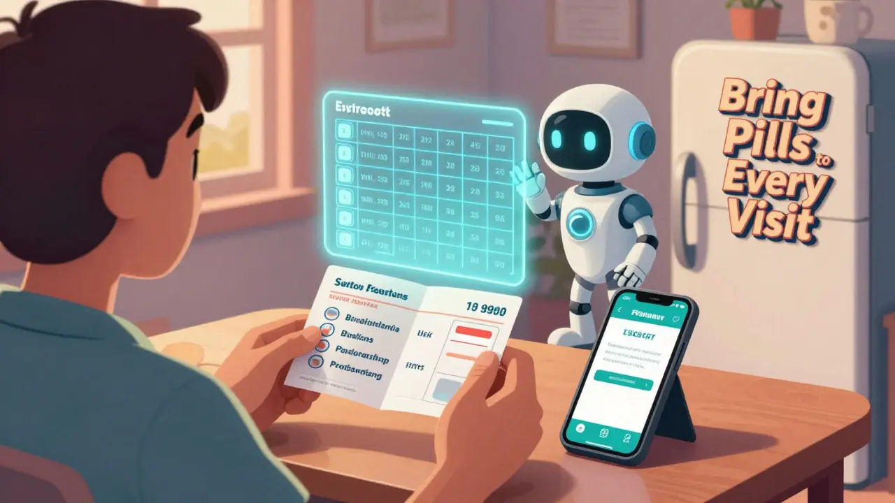 A patient at home views a holographic medication schedule from a glowing paper card, with a friendly robot assistant nearby.