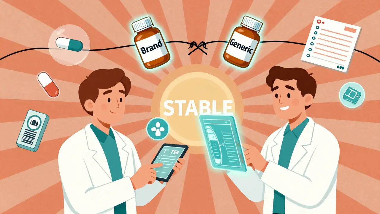 A patient monitoring thyroid levels with holographic icons, two pill bottles in conflict, under a glowing stable symbol in retro-futuristic style.