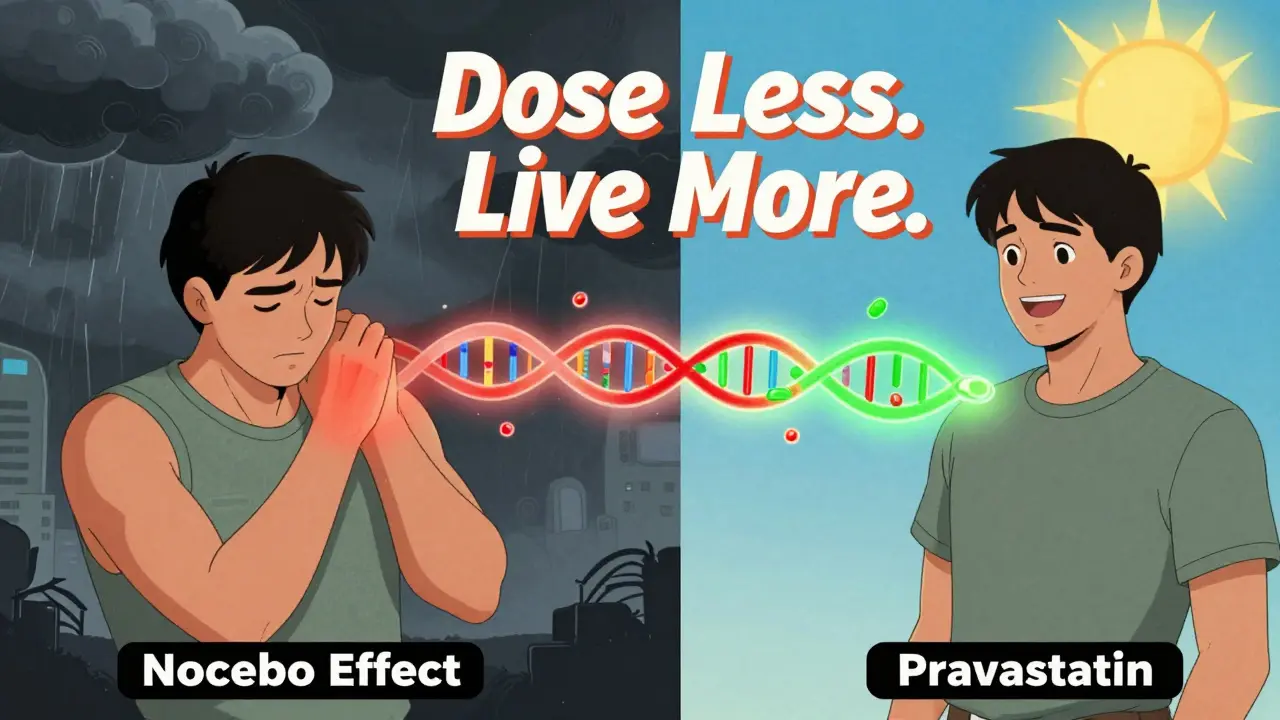 A person overcomes statin side effects as a glowing metabolic pathway shifts from warning to wellness in a retro-futuristic scene.