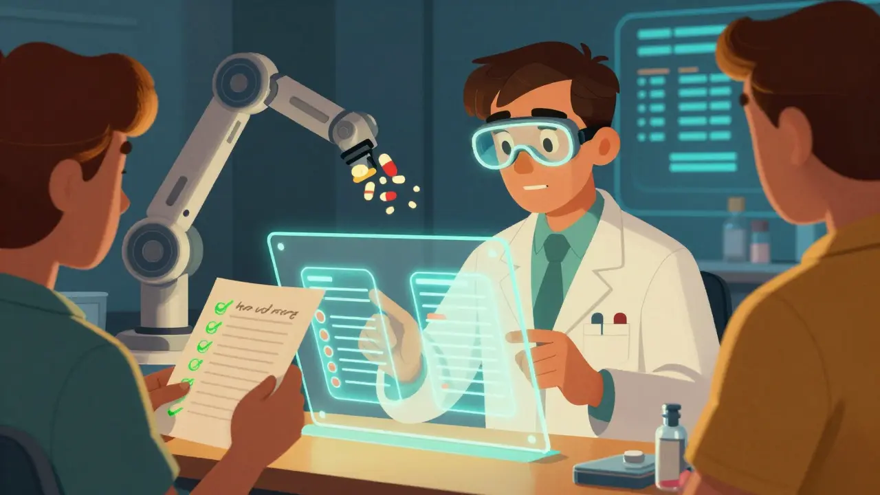 A pharmacist compares glowing medication lists with a patient holding a correct handwritten list, assisted by a robotic pill sorter.