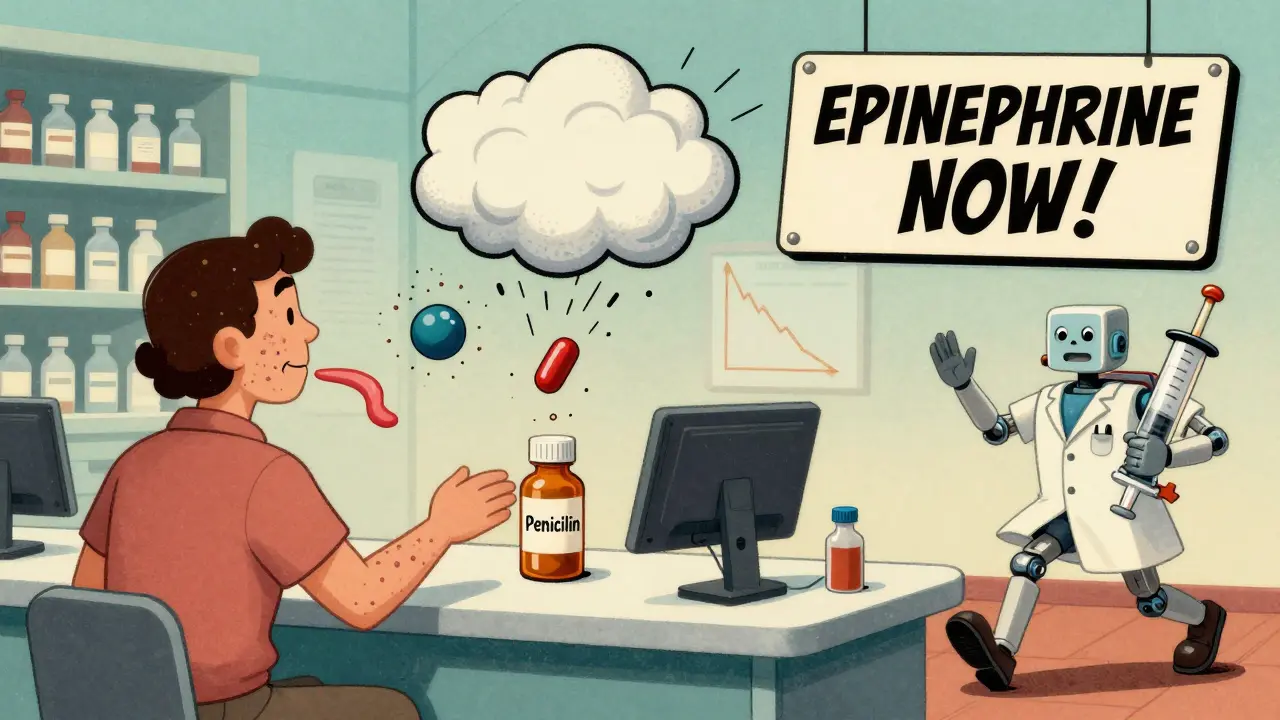 A pharmacy scene where a pill triggers cartoonish allergic reactions as a robotic pharmacist races to help.