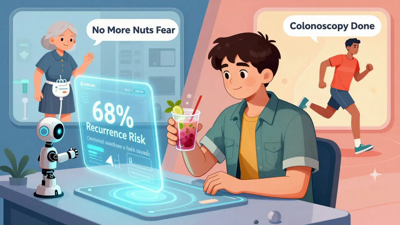 A young person receiving a personalized health forecast from a floating AI interface, holding a fiber smoothie.