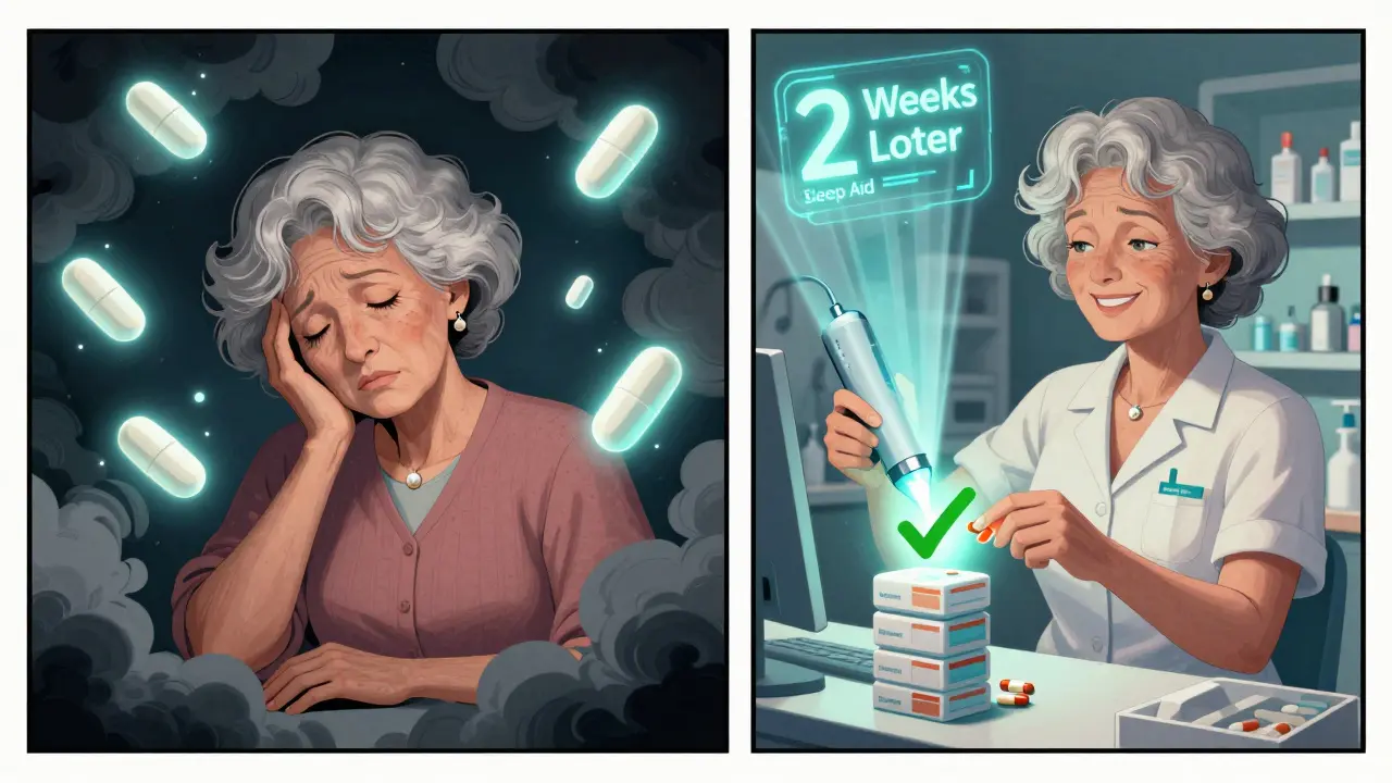 An elderly woman transforms from fatigued and overwhelmed by pills to energized as a pharmacist removes two harmful medications with a glowing tool.