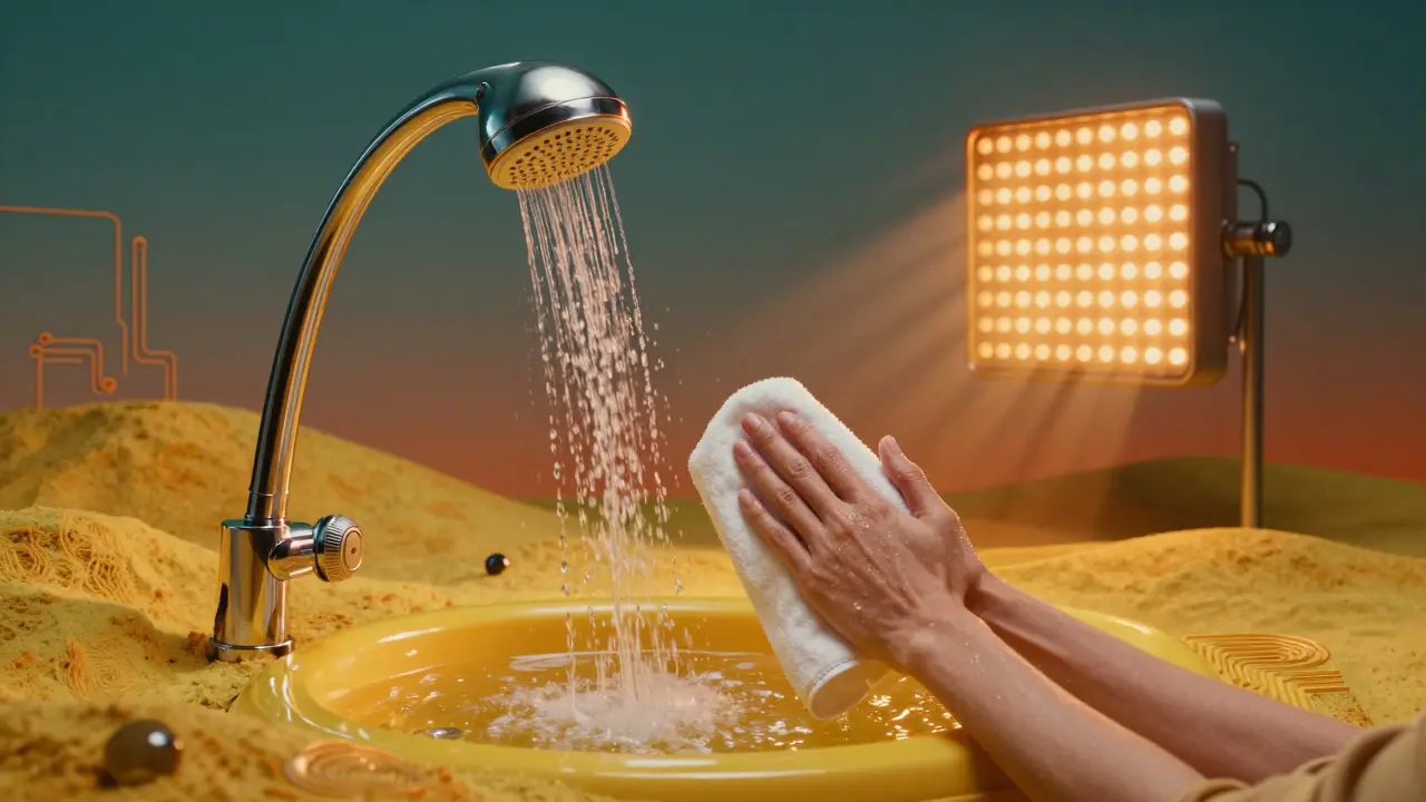 Back transforming into smooth skin under glowing light during a ritualistic skincare routine.