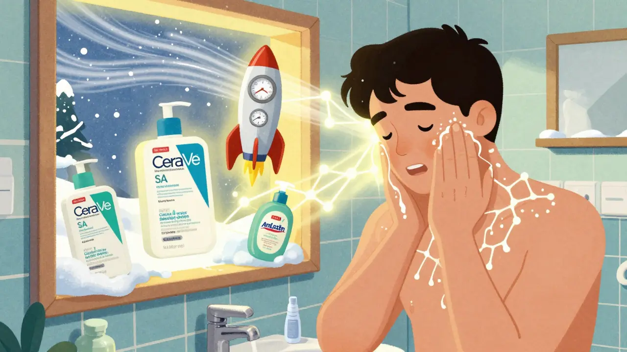 Person applying skincare products with floating futuristic bottles and humidifying mist.