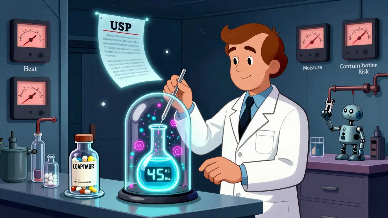Pharmacist mixing a custom compound under a glowing dome, with holographic guidelines and analog gauges showing contamination risks.