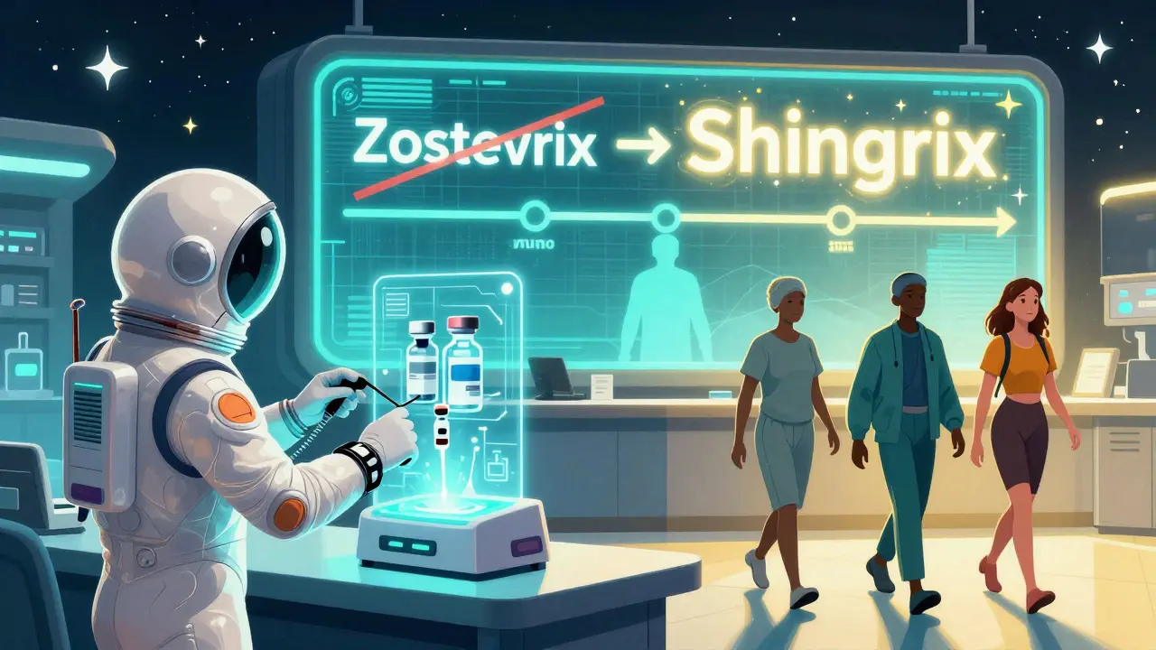 Pharmacy technician dispenses Shingrix from hologram as immunocompromised patients approach, with timeline showing Zostavax replaced by Shingrix.