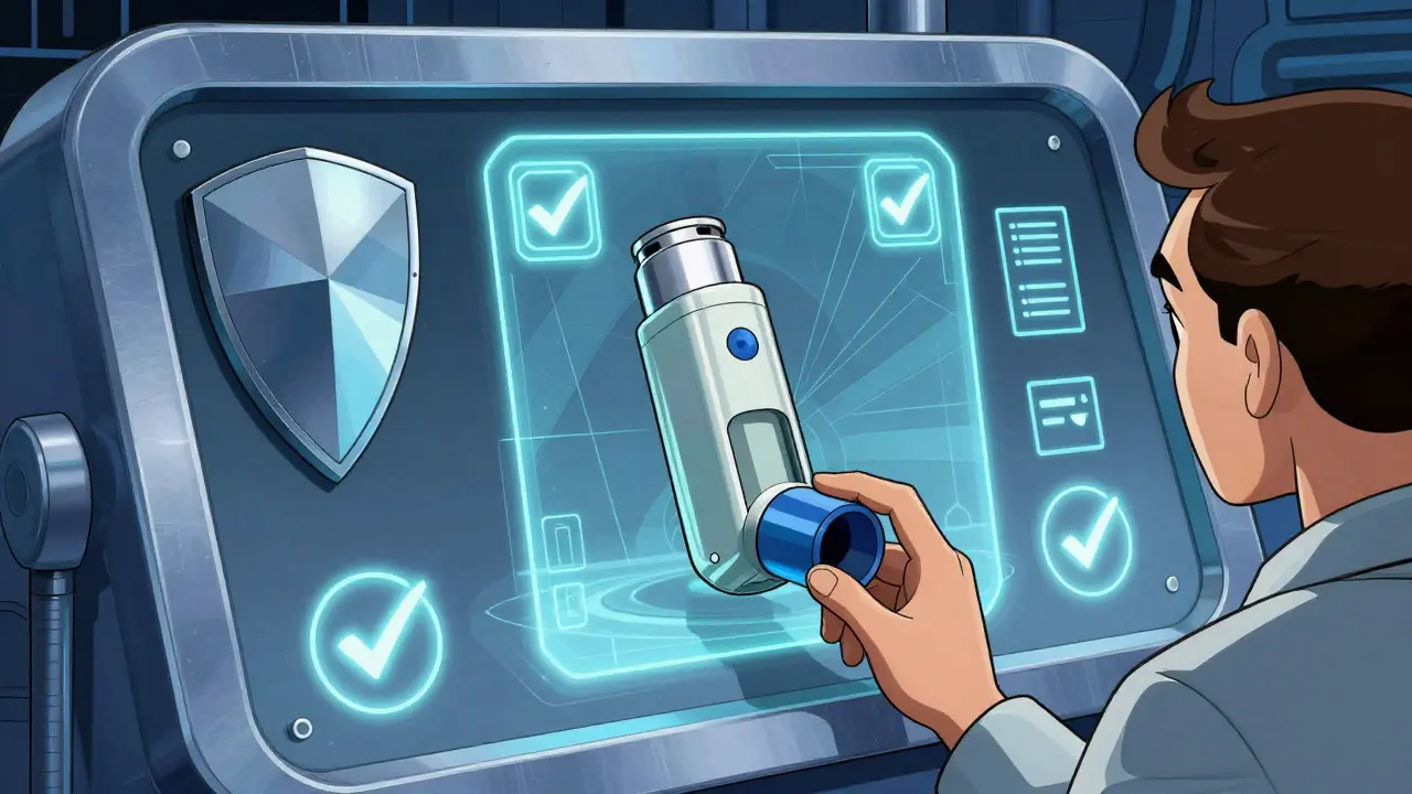 Regulatory panel reviewing drug-device inhaler prototype with geometric shields