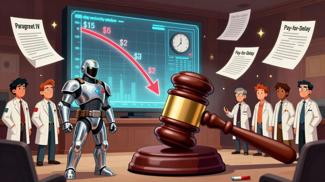 Retro-futuristic courtroom battle between brand drug company and generic makers.