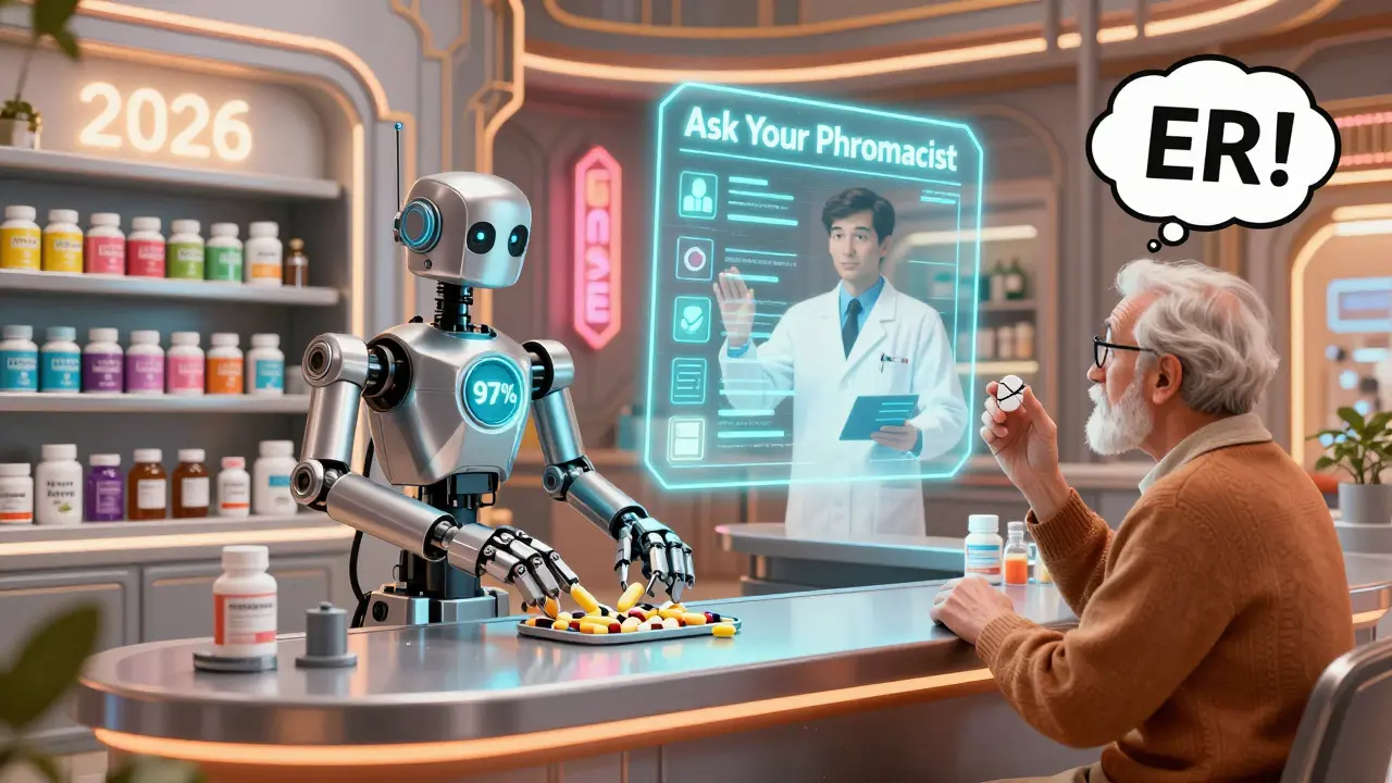 Robotic pill splitter cutting tablets accurately in a futuristic pharmacy with hologram advice.