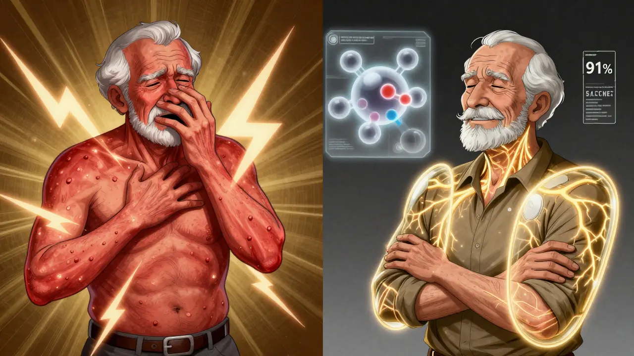 Split scene: elderly man in shingles pain vs. protected by golden energy, with hologram of Shingrix vaccine showing 91% effectiveness.