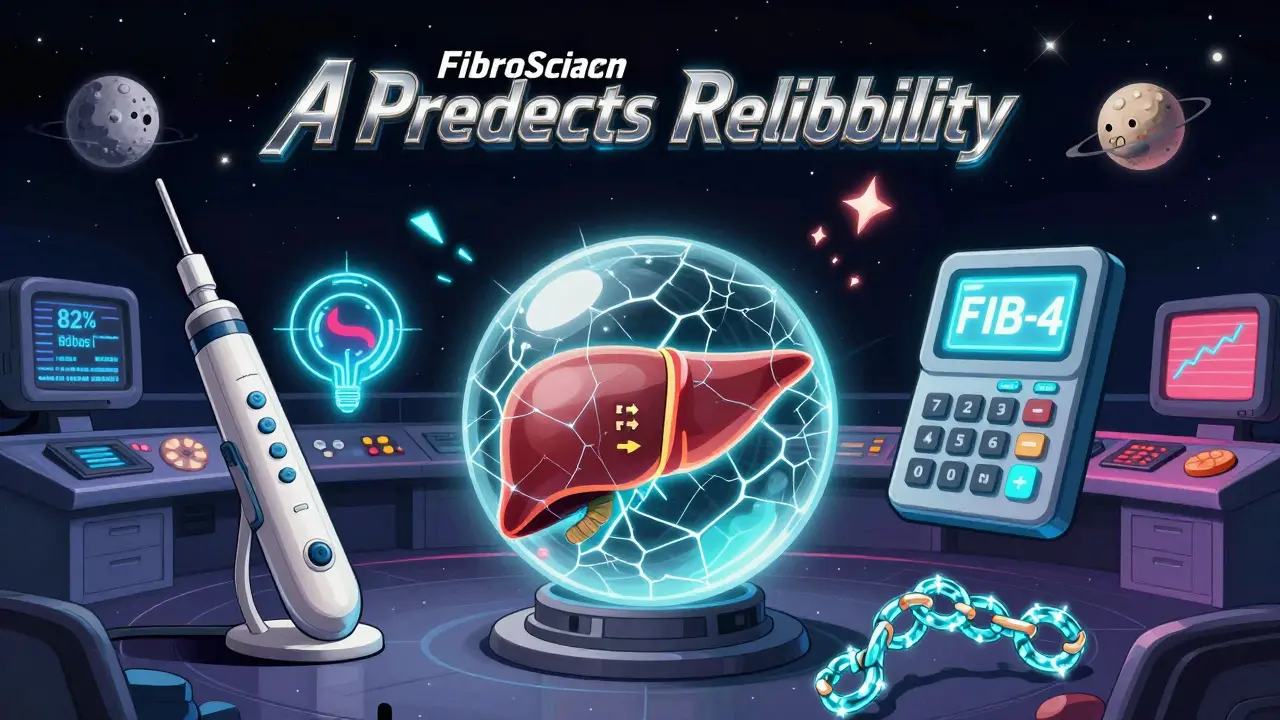 Three diagnostic tools argue over a cracked liver orb, with a biopsy needle sidelined, in a cosmic control room with 80s-style monitors.