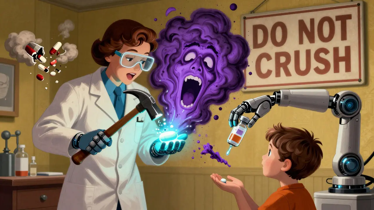 Toxic dust rising from a crushed pill as a robot offers a safer liquid alternative.