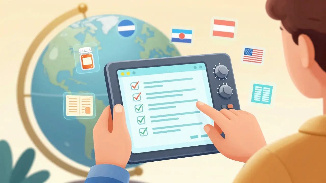 Traveler using holographic tablet with document checklists and floating icons