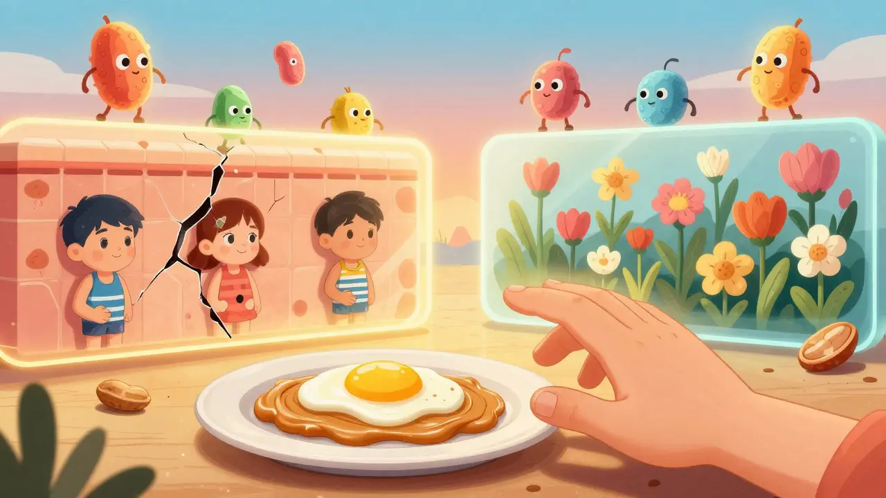 A child reaches for food as a golden skin barrier glows, with parallel timelines of allergy and tolerance unfolding behind them.