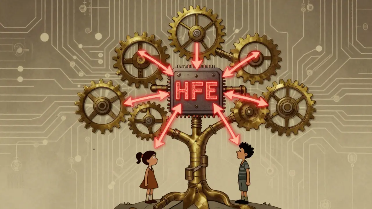 A family tree of gears showing how hemochromatosis spreads genetically, with iron overload flowing through pipes.