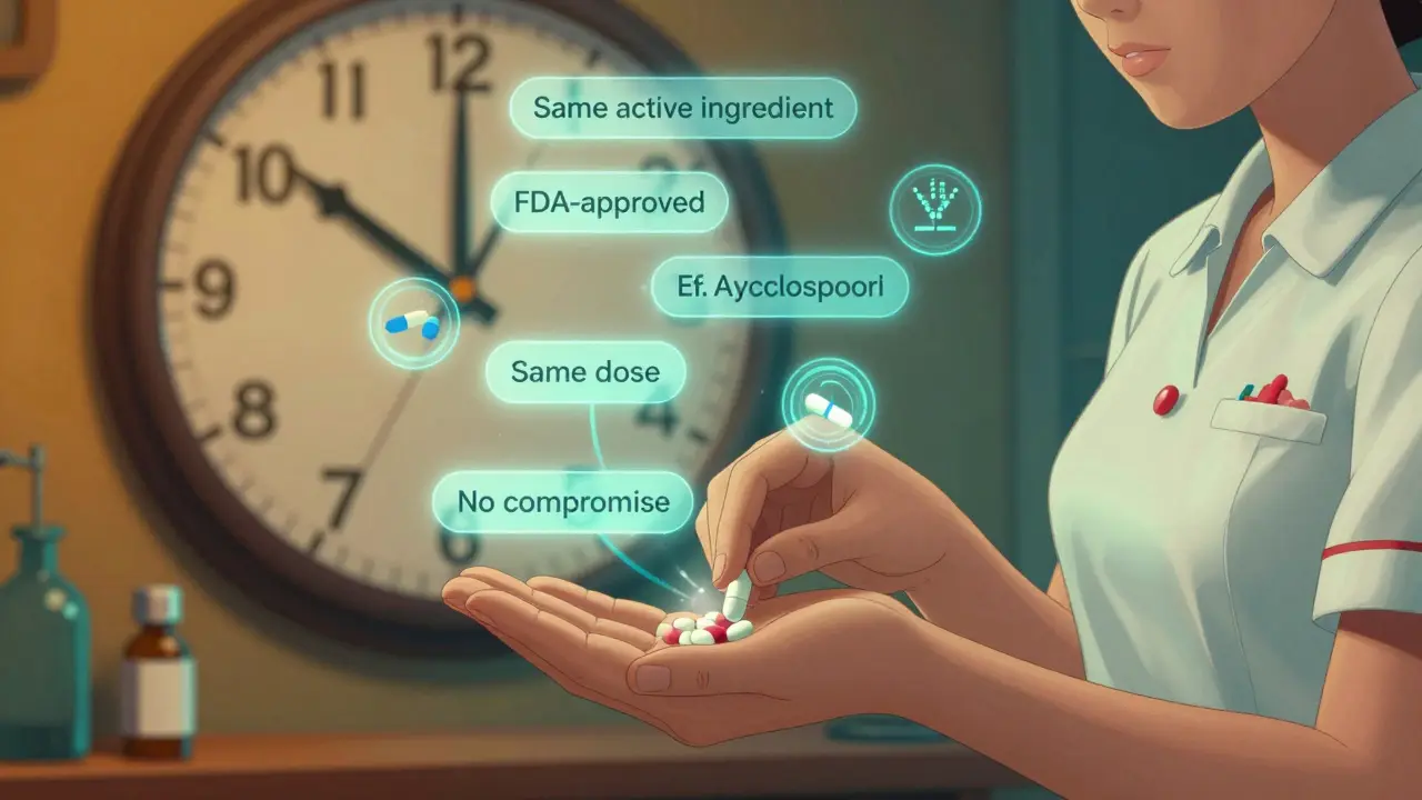 A nurse places a pill in a patient’s hand as floating text confirms its equivalence to the brand-name version.