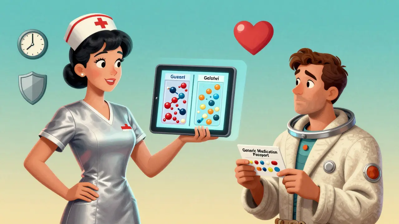 A nurse uses a tablet to demonstrate how generic and brand pills release the same molecules in the body.