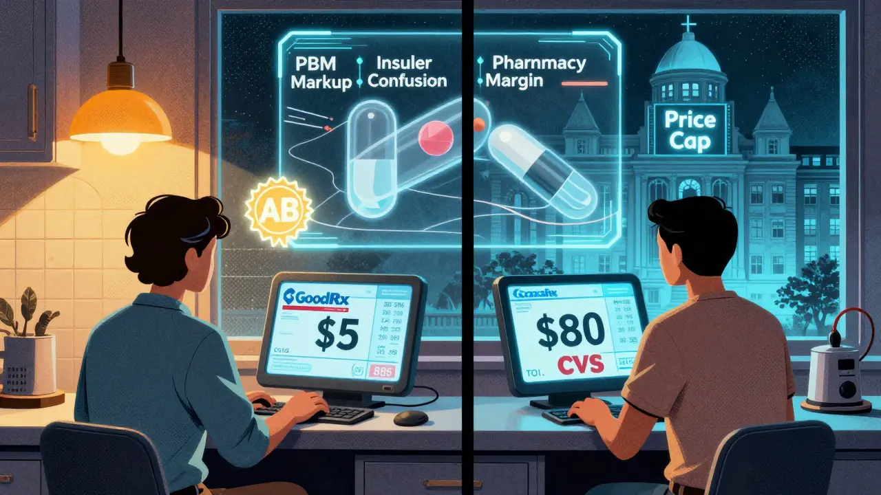 A patient compares drug prices on a holographic screen, with a transparent pill showing hidden profit layers and a glowing AB rating badge.