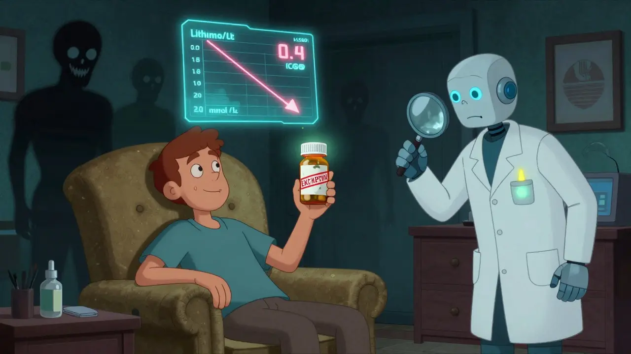 A patient holding an expired NTI pill bottle as holographic lithium levels drop and shadowy figures loom behind them.