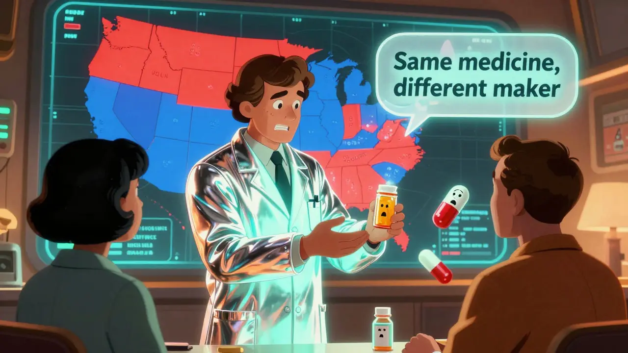 A pharmacist explains generics to a patient as a glowing U.S. map shows state laws on substitution, with expressive pill capsules floating nearby.
