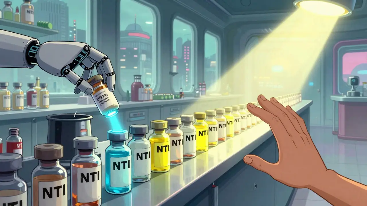 A surreal pharmacy counter with NTI drug vials emitting hazard beams, one being shredded under a regulatory label.