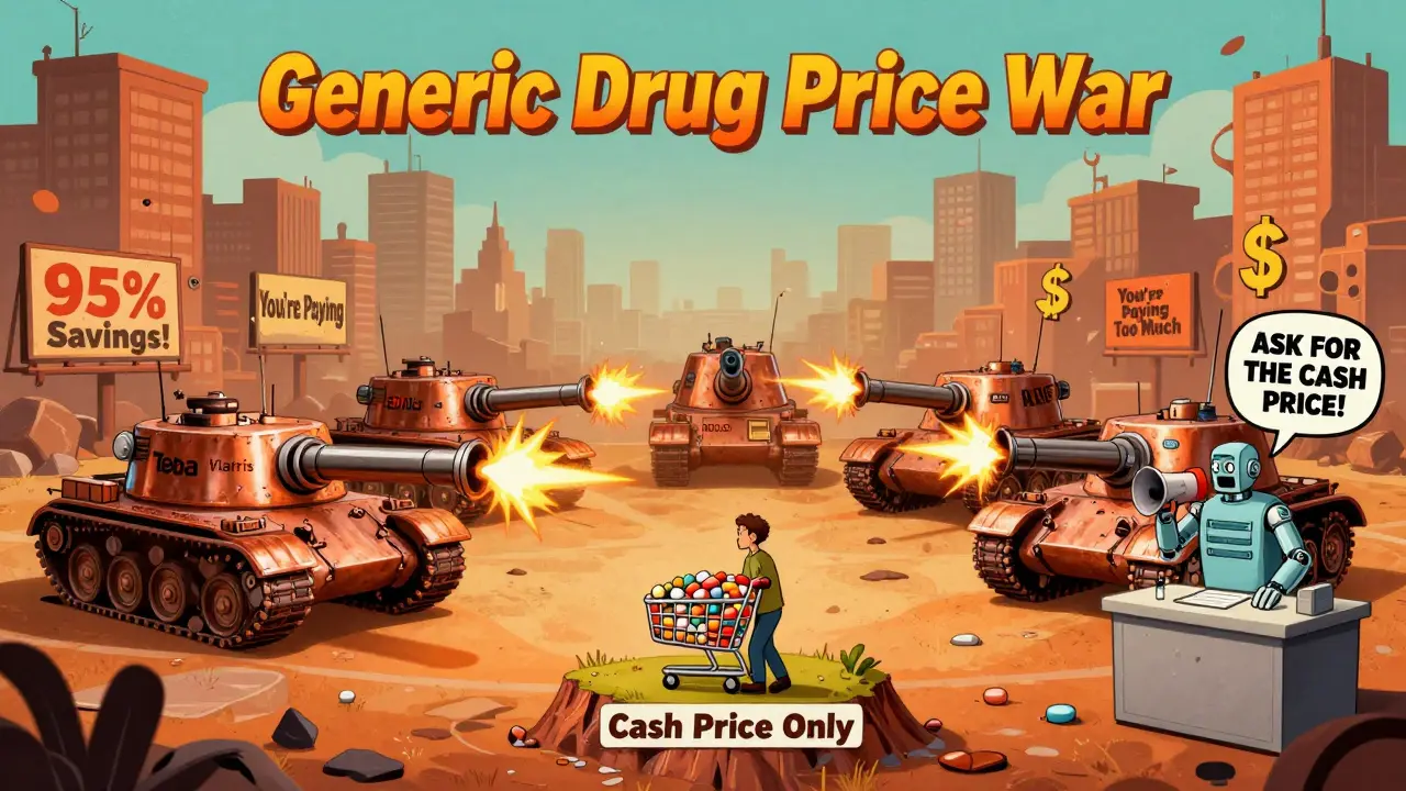 Corporate tanks labeled with generic drug makers battle on a field of dollar signs, while a lone patient stands on a 'Cash Price Only' island.