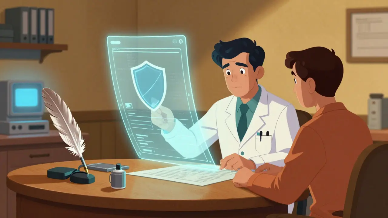 Doctor and patient reviewing floating medical documents.