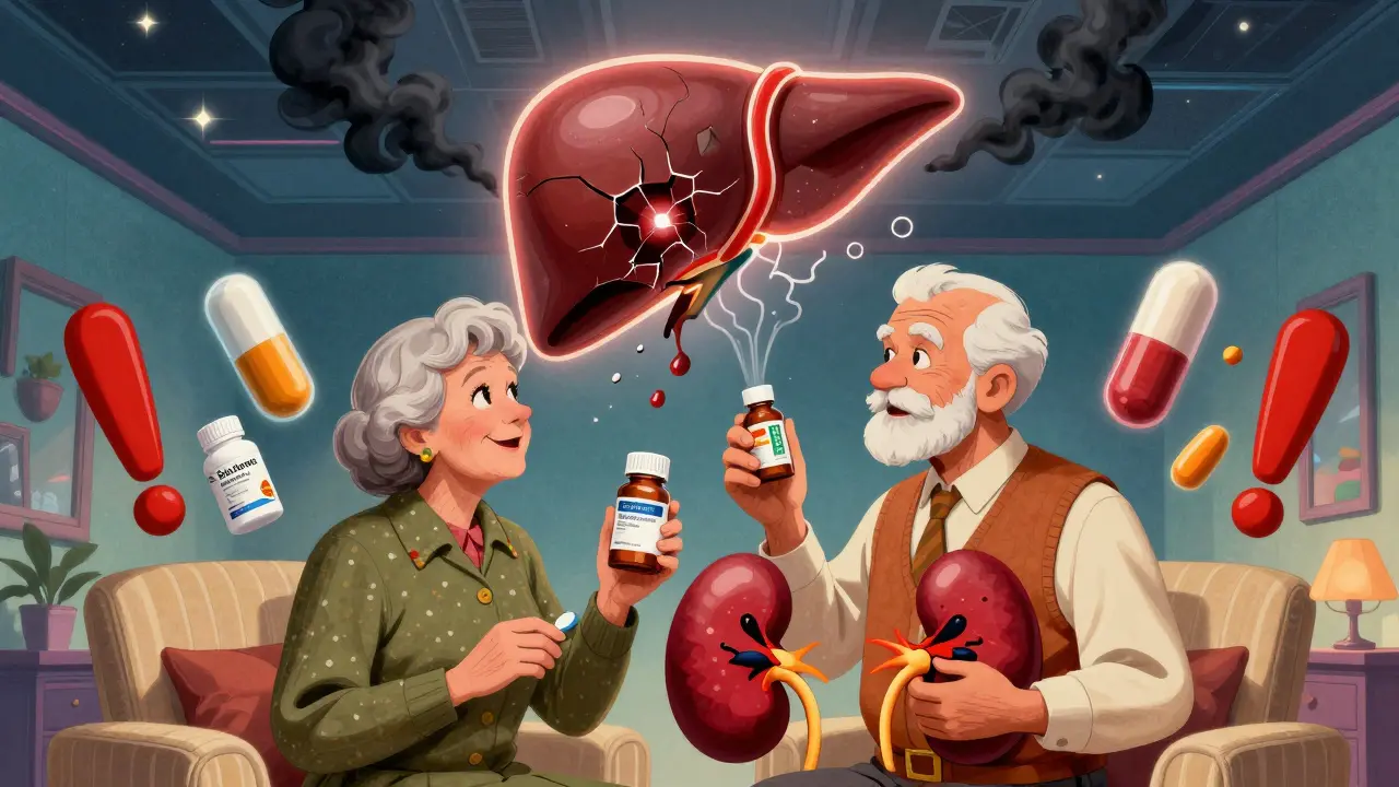 Elderly couple with statins and amiodarone, glowing cracked liver and sputtering kidney above them