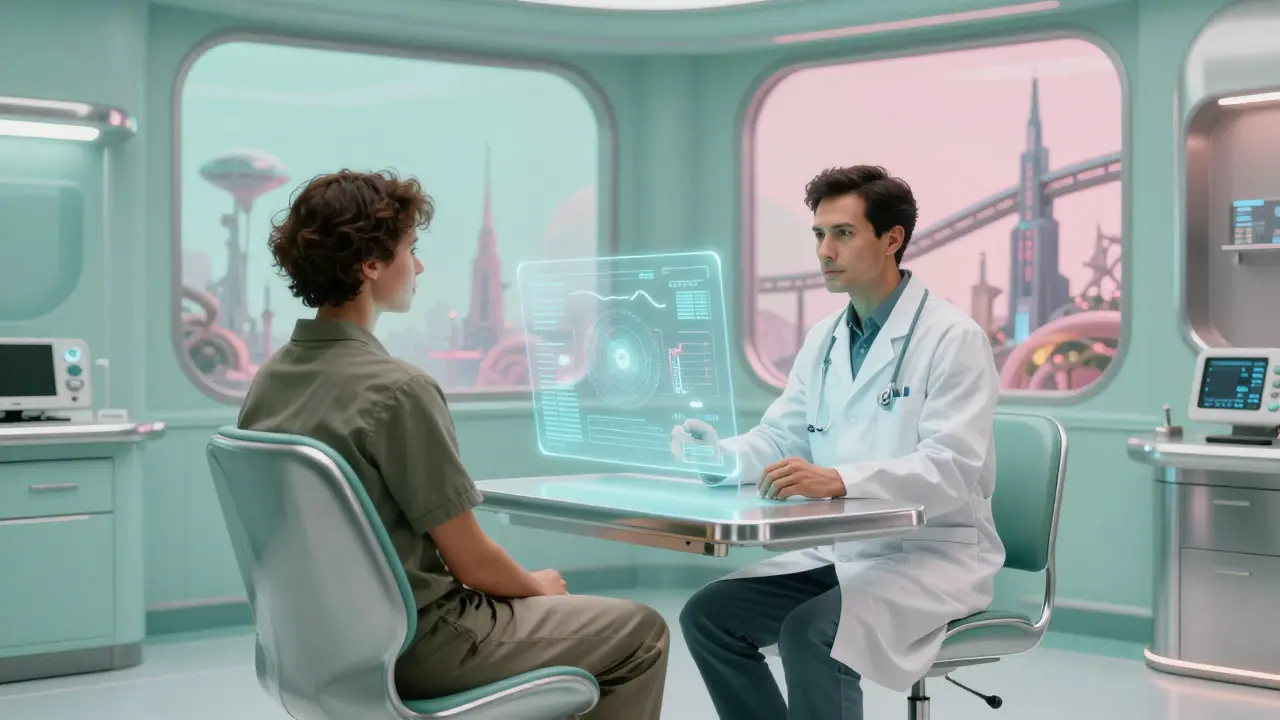 Patient consulting doctor in a futuristic medical clinic