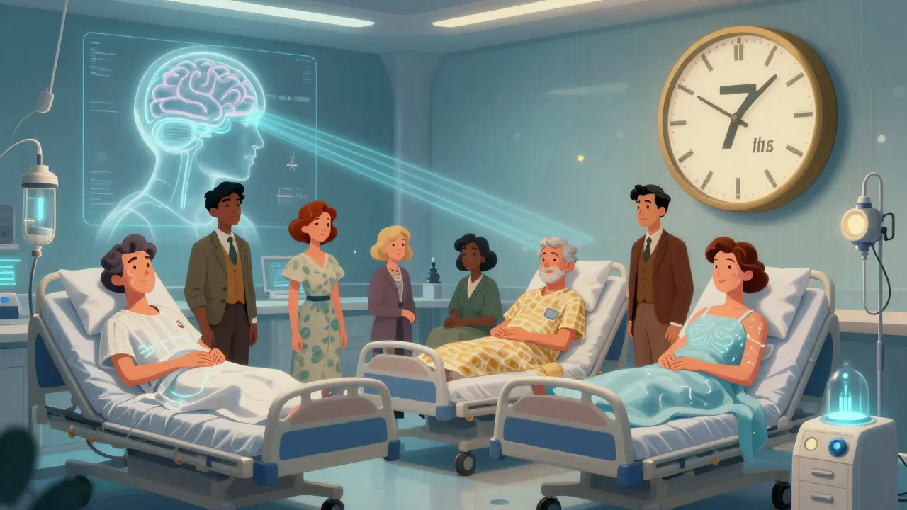 Patients in a futuristic hospital with fatigue lines and AI scanning vitals, glowing softly under ambient light.