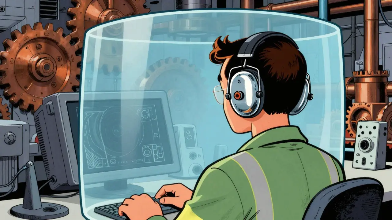 Safety officer monitoring worker with protective earmuffs.