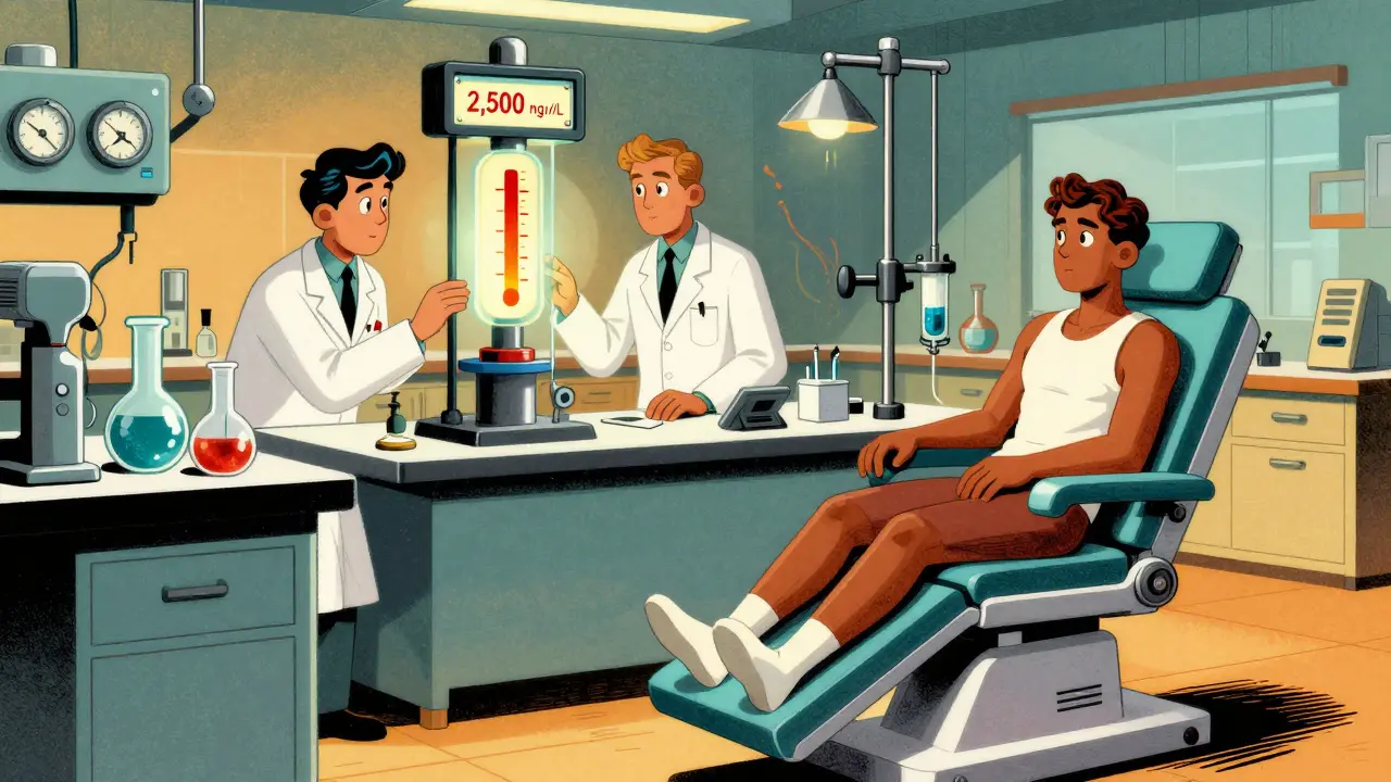 Scientists monitoring a high ferritin reading in a 1950s-style lab with a bronze-skinned patient beside a phlebotomy chair.